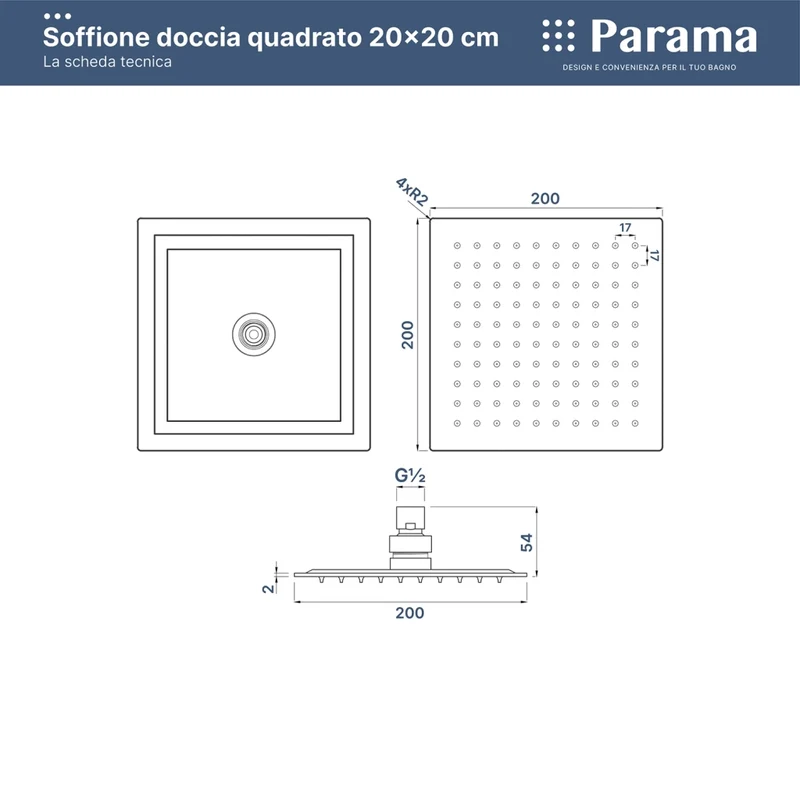Set doccia completo squadrato cromo - Miscelatore, braccio a gomito, soffione 20x20cm e doccino