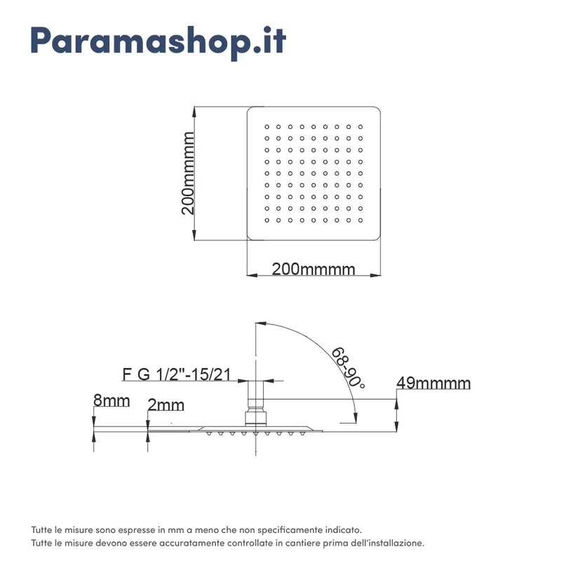 Set doccia squadrato cromato - Miscelatore incasso 2 vie, braccio 30cm, soffione slim 25x25cm e doccino