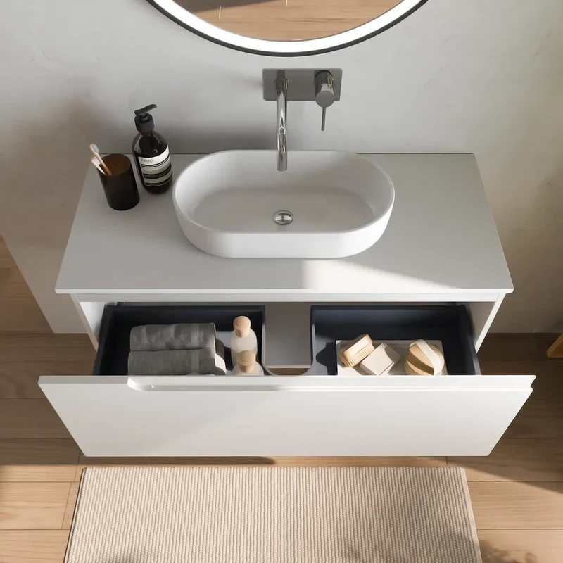 Mobile bagno sospeso 70 cm un cassetto bianco opaco con top | Ardenne