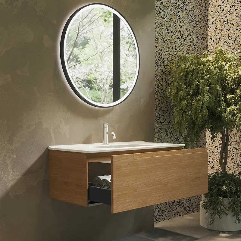 Mobile bagno sospeso 60 cm un cassetto rovere chiaro con lavabo | Moor