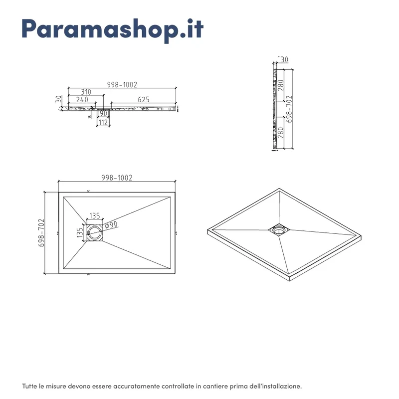 Piatto doccia rettangolare 70x100 cm in marmoresina bianco effetto pietra h3 cm | Milos