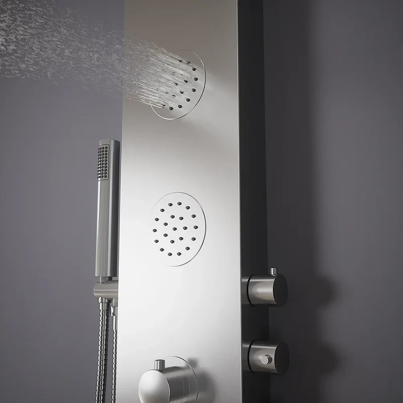 Pannello doccia termostatico con cascata in acciaio cromato, doccino, 4 funzioni | Saturnia