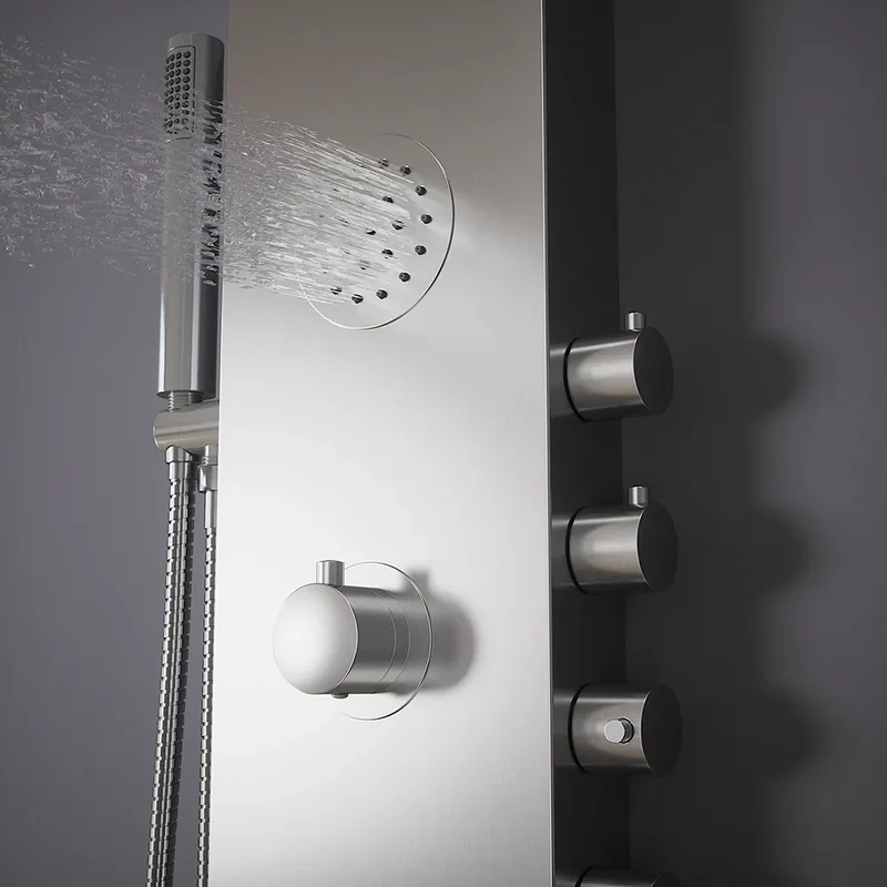 Pannello doccia termostatico con cascata in acciaio cromato, doccino, 4 funzioni | Saturnia