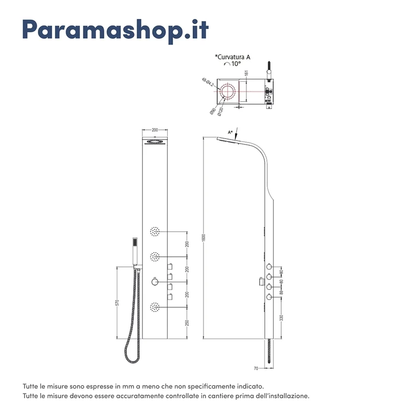 Pannello doccia termostatico con cascata in acciaio cromato, doccino, 4 funzioni | Saturnia