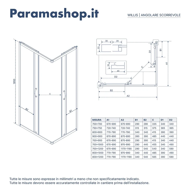 Box doccia angolare 80x80 cm trasparente 4 mm profili neri | Willis