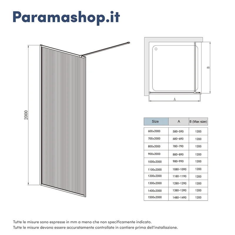 Doccia walk-in full frame 90 cm vetro cannettato profili neri | Rodi