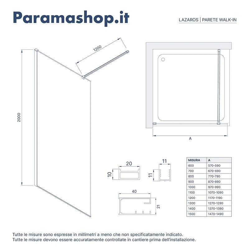 Parete doccia walk-in 90 cm 8mm opaco anticalcare h200 | Lazaros