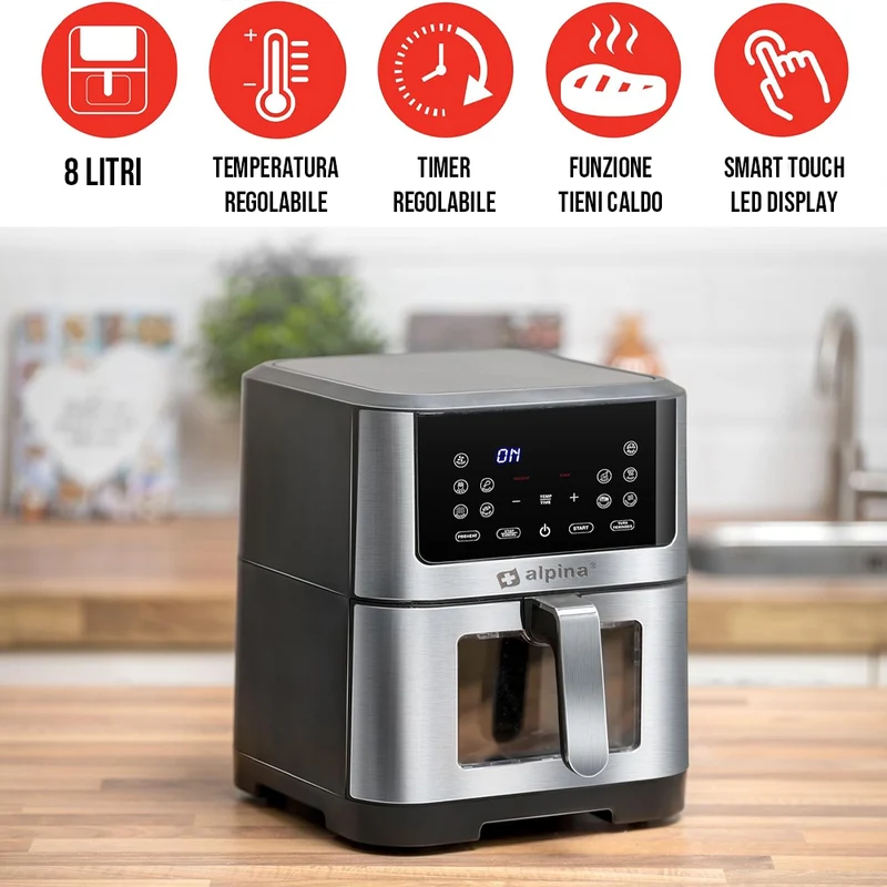 Friggitrice ad Aria Calda XXL 8L 1800W Display Timer e Regolazione Temperatura
