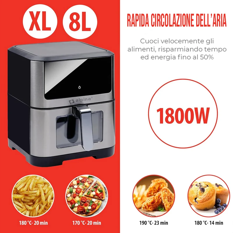 Friggitrice ad Aria Calda XXL 8L 1800W Display Timer e Regolazione Temperatura