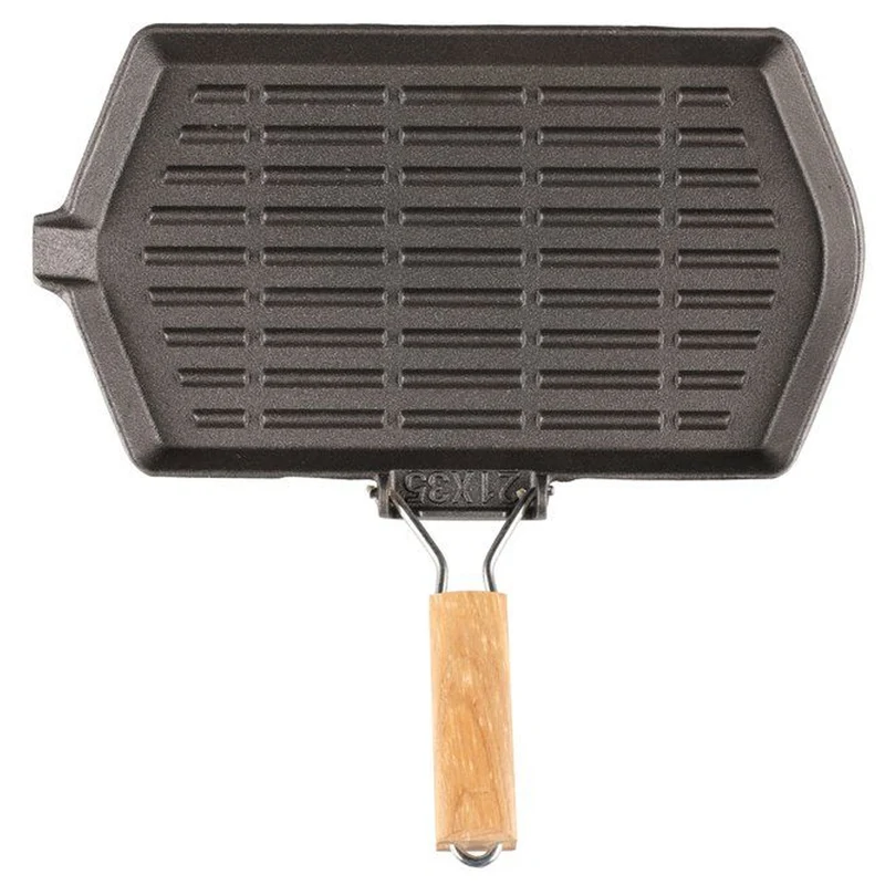 Bistecchiera in Ghisa con Manico in Legno Pieghevole Padella BBQ 35 x 21 x 8 cm