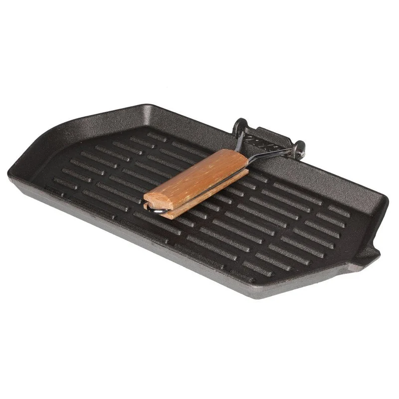 Bistecchiera in Ghisa con Manico in Legno Pieghevole Padella BBQ 35 x 21 x 8 cm