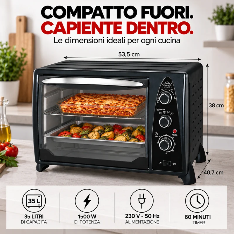 Forno Elettrico Ventilato 35 Litri 1500W Con Timer e Termostato DCG MB9835N Nero