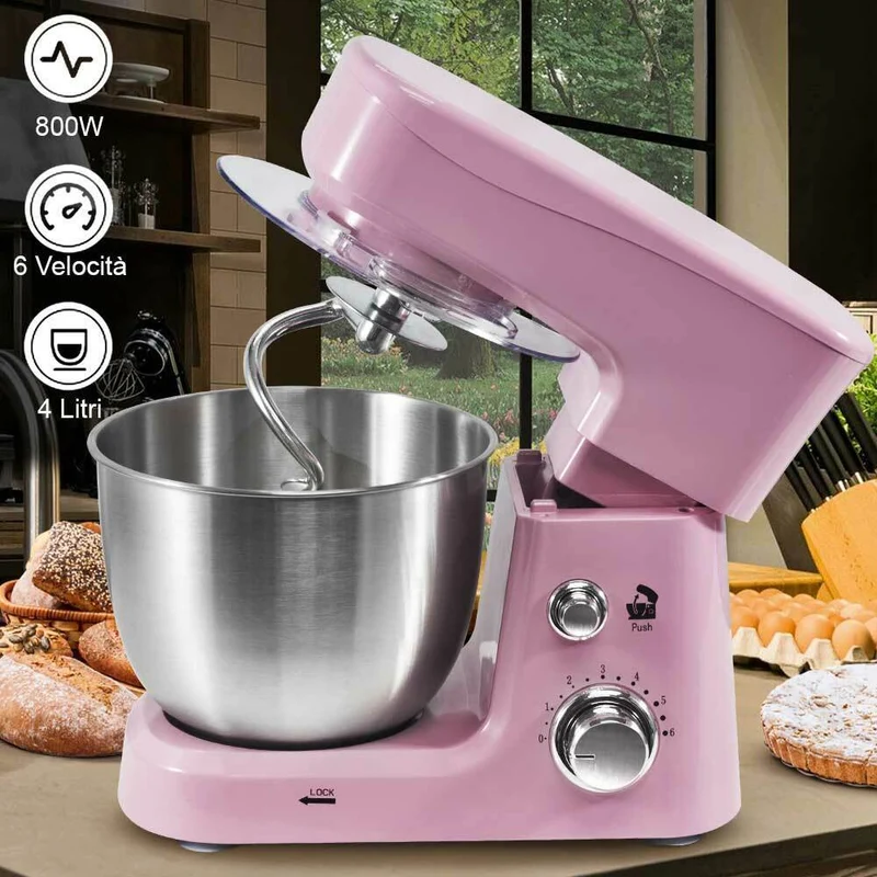 Impastatrice Planetaria Ciotola Acciaio 4 LT Impastatore Robot 800W Rosa Vintage