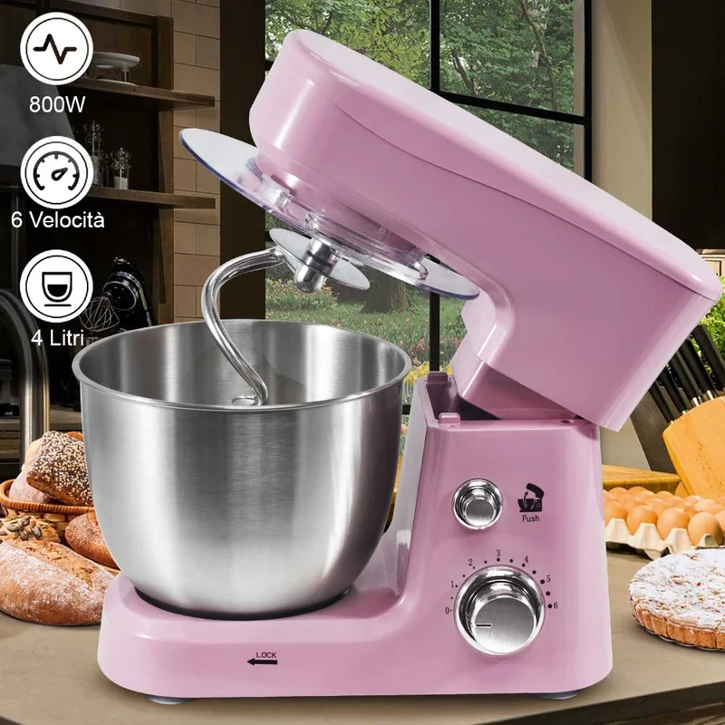 Impastatrice Planetaria Ciotola Acciaio 4 LT Impastatore Robot 800W Rosa Vintage