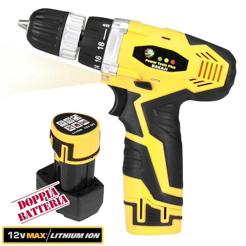 Trapano Avvitatore a DOPPIA Batteria al LITIO in Valigetta 12V Cordless con LED