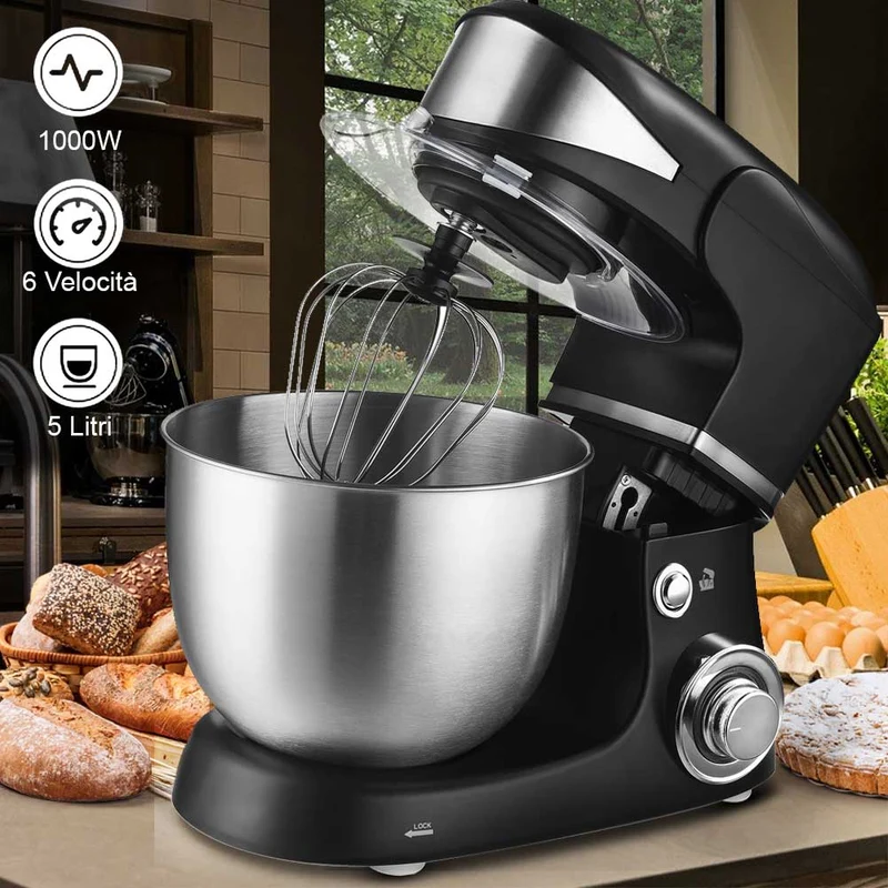 Impastatrice Planetaria Ciotola Acciaio 5 LT Impastatore Robot 1000W Nero