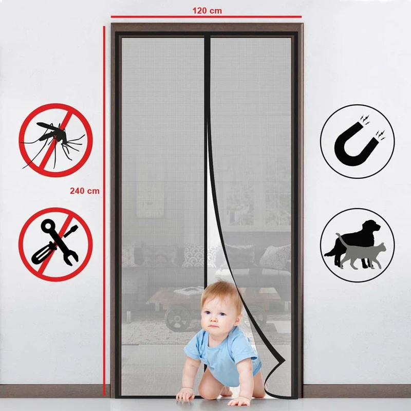 Zanzariera Magnetica 120x240 cm Nera Universale 18 Magneti Tenda Magic Mesh