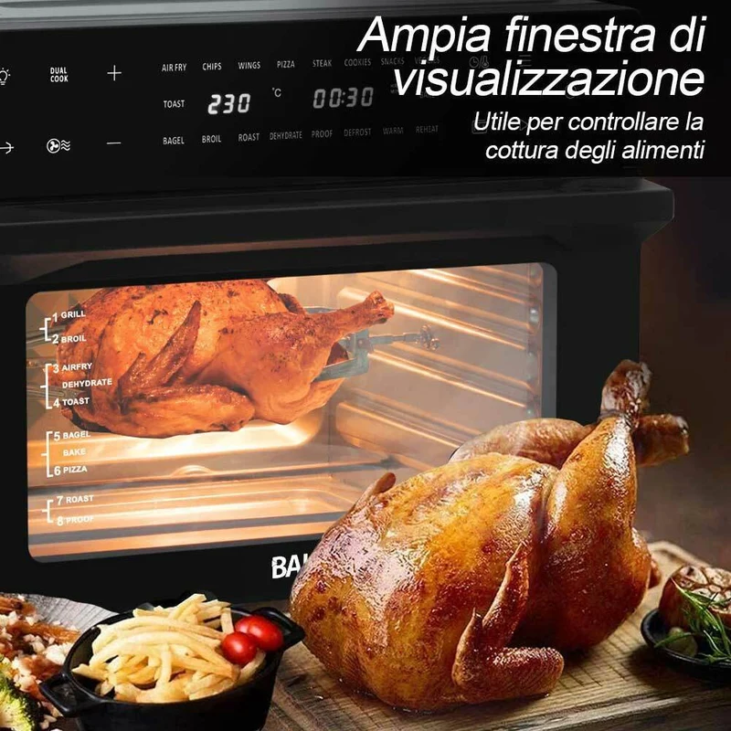Forno Friggitrice Ad Aria Calda 30Lt Digitale 1800W Frigge Cuoce Senza Olio Nero