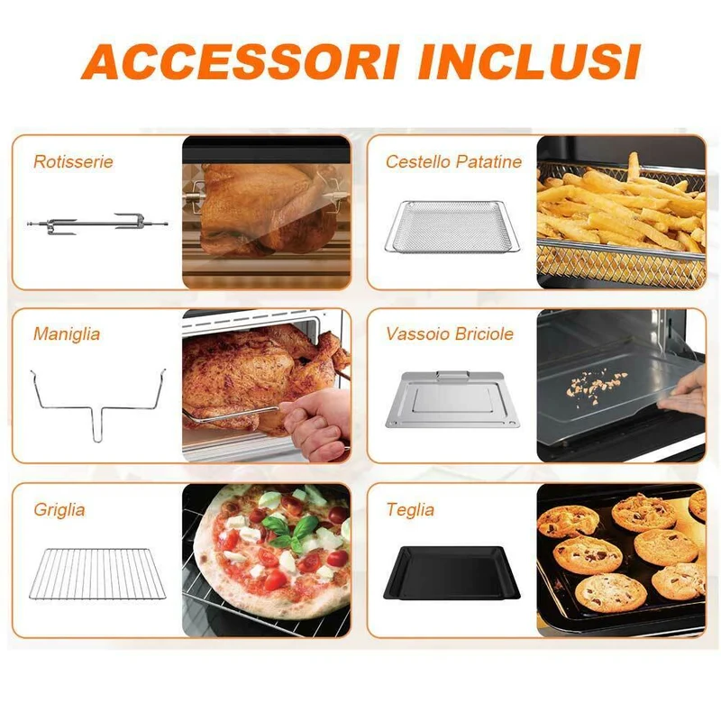 Forno Friggitrice Ad Aria Calda 30Lt Digitale 1800W Frigge Cuoce Senza Olio Nero