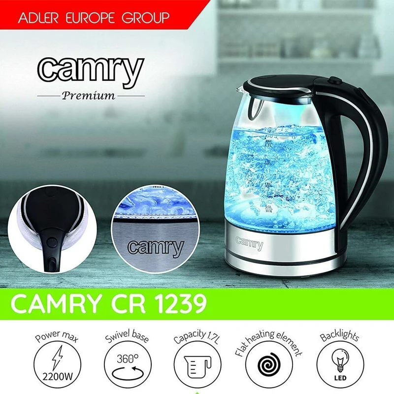 Bollitore Elettrico in Vetro 1,7Lt 2000W Acqua Calda Cordless con Luce LED Blu