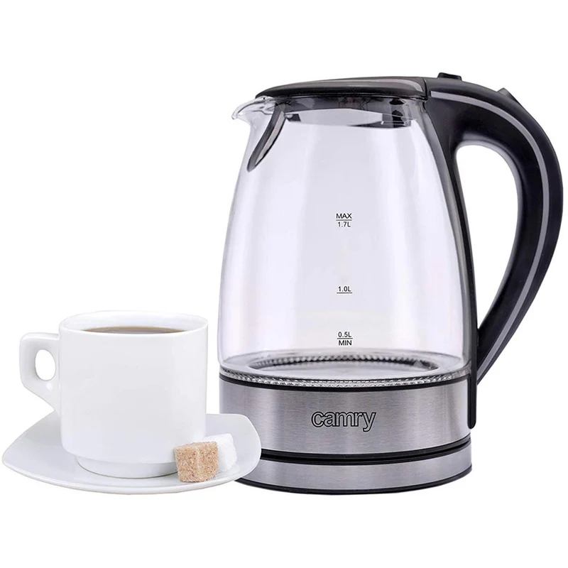 Bollitore Elettrico in Vetro 1,7Lt 2000W Acqua Calda Cordless con Luce LED Blu