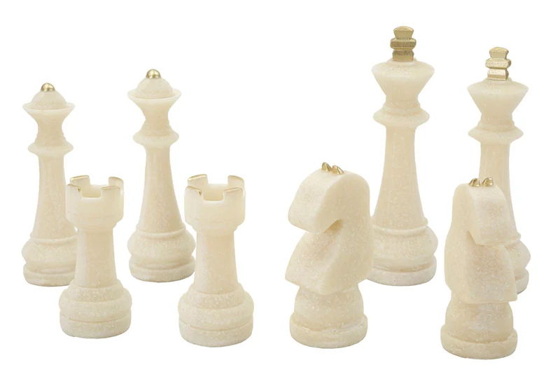 Set 8 Pezzi Decorazione Scacchi Quarzy Assortiti in Resina Bianco e Oro