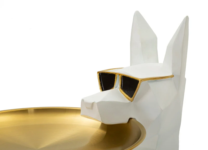 Decorazione Cane Ory Svuotatasche 27x51x74 cm in Resina e Metallo Bianco e Oro