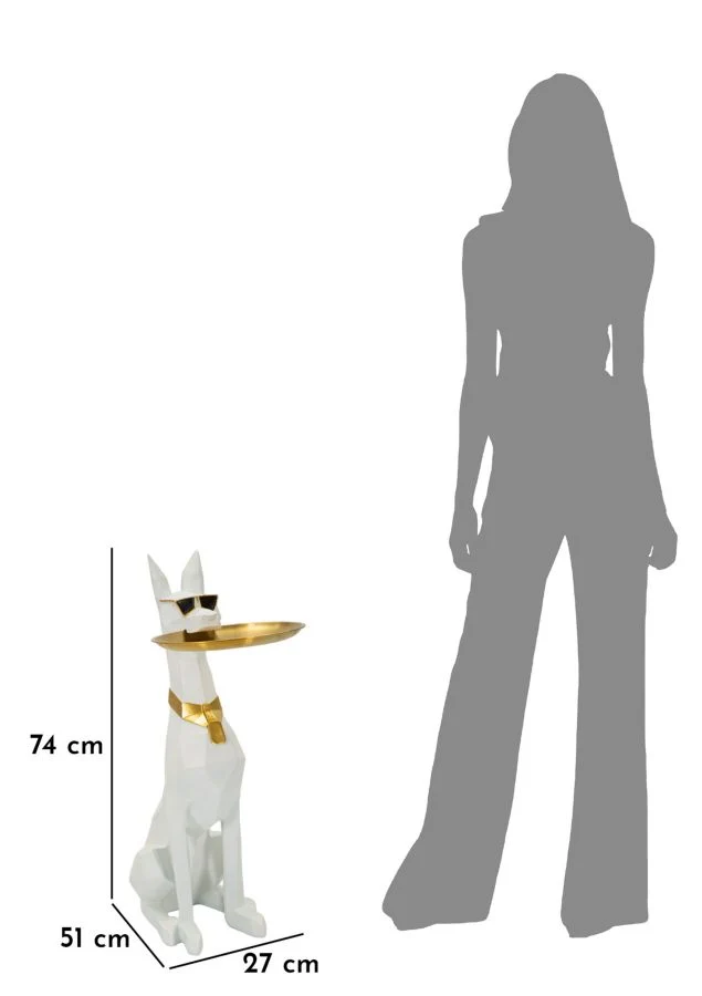 Decorazione Cane Ory Svuotatasche 27x51x74 cm in Resina e Metallo Bianco e Oro