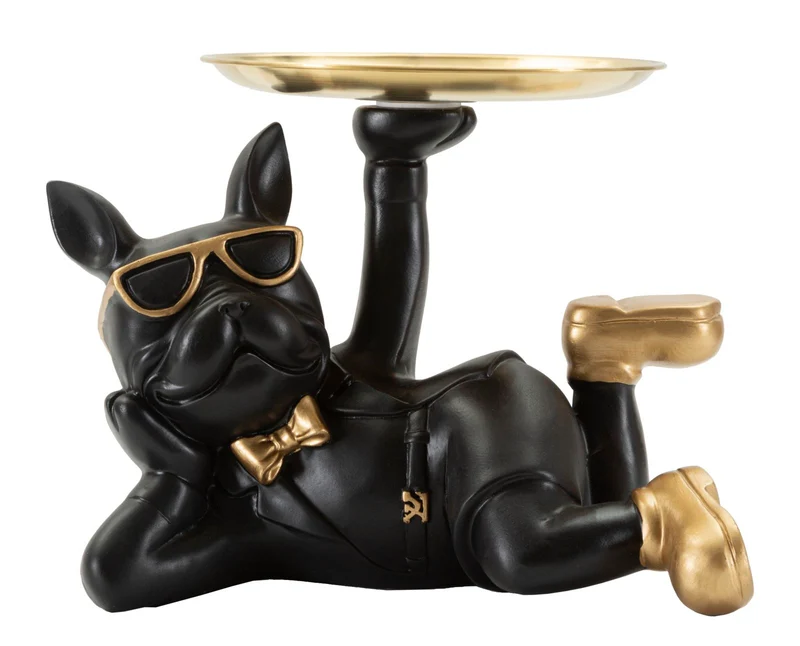 Decorazione Cane Rover Svuotatasche 27x17x18,5 cm in Resina e Metallo Nero e Oro