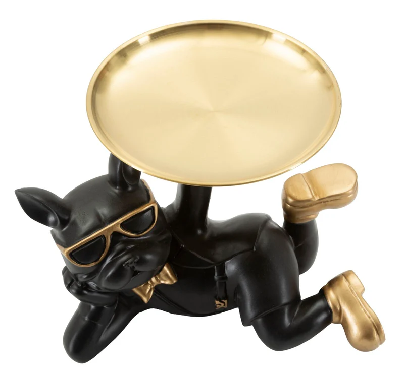 Decorazione Cane Rover Svuotatasche 27x17x18,5 cm in Resina e Metallo Nero e Oro