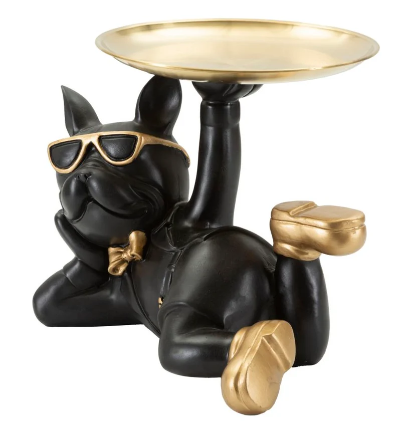 Decorazione Cane Rover Svuotatasche 27x17x18,5 cm in Resina e Metallo Nero e Oro