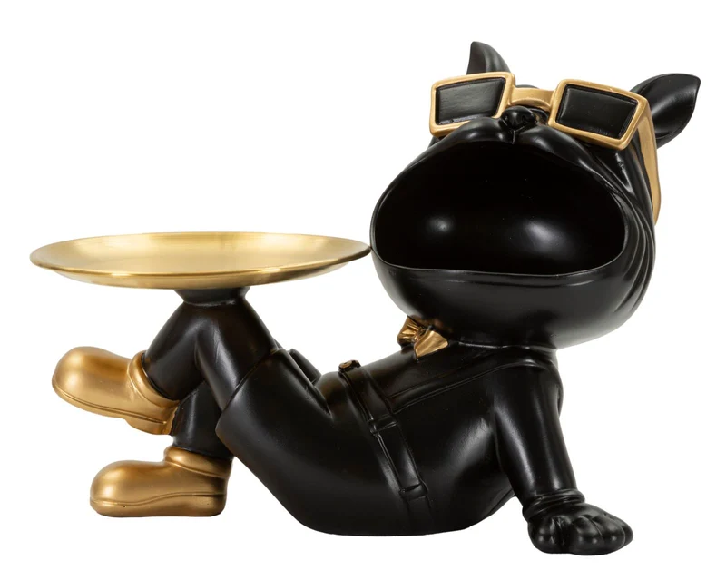 Decorazione Cane Buddy Svuotatasche 27x17x18,5 cm in Resina e Metallo Nero e Oro