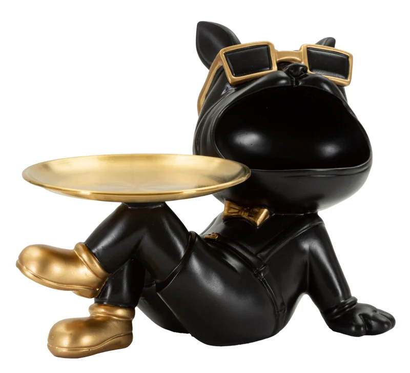 Decorazione Cane Buddy Svuotatasche 27x17x18,5 cm in Resina e Metallo Nero e Oro