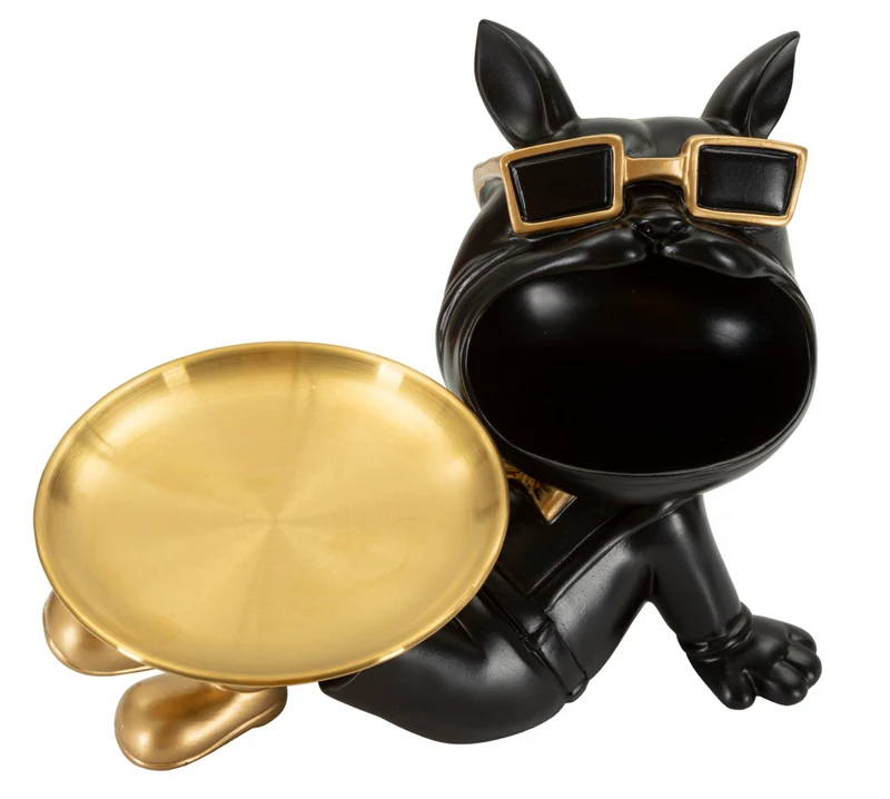Decorazione Cane Buddy Svuotatasche 27x17x18,5 cm in Resina e Metallo Nero e Oro