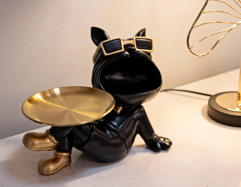 Decorazione Cane Buddy Svuotatasche 27x17x18,5 cm in Resina e Metallo Nero e Oro