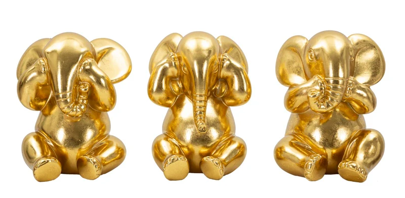 Set 3 Pezzi Decorazione Elefante Non Vedo Non Sento Non Parlo Ø15,5x20,5 cm in Resina Oro