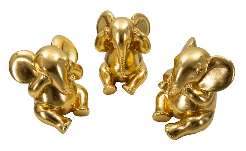 Set 3 Pezzi Decorazione Elefante Non Vedo Non Sento Non Parlo Ø15,5x20,5 cm in Resina Oro