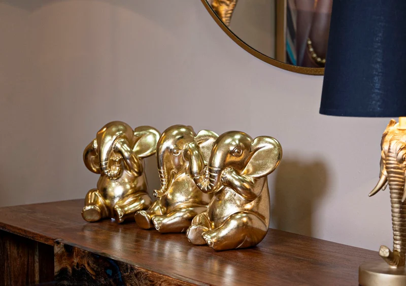 Set 3 Pezzi Decorazione Elefante Non Vedo Non Sento Non Parlo Ø15,5x20,5 cm in Resina Oro