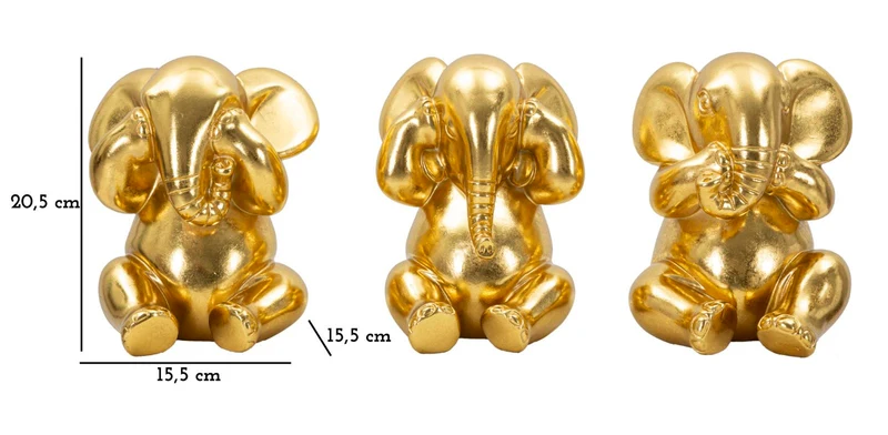 Set 3 Pezzi Decorazione Elefante Non Vedo Non Sento Non Parlo Ø15,5x20,5 cm in Resina Oro