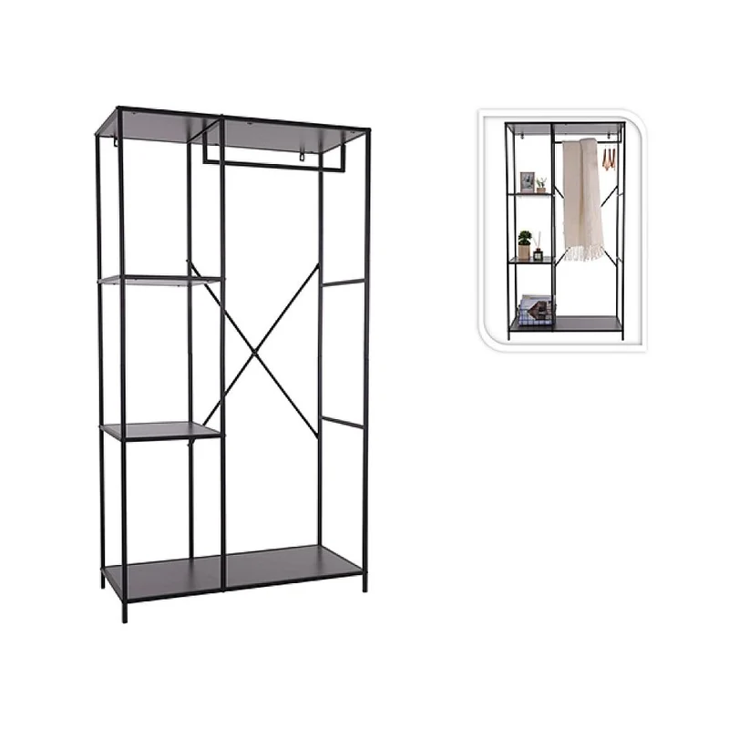 Scaffale con 4 ripiani e barra appendiabiti, 90x40x166 cm, metallo/MDF, marrone