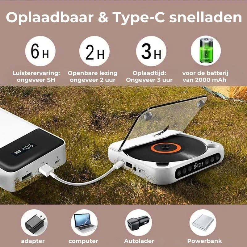 Draagbare CD Speler – Bluetooth 5.3, Oplaadbare Batterij & Compact Design