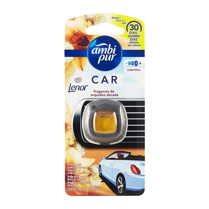 Ambipur Car Profumatore Auto Oro e Fiori di Vaniglia, 1 diffusore per 30 giorni