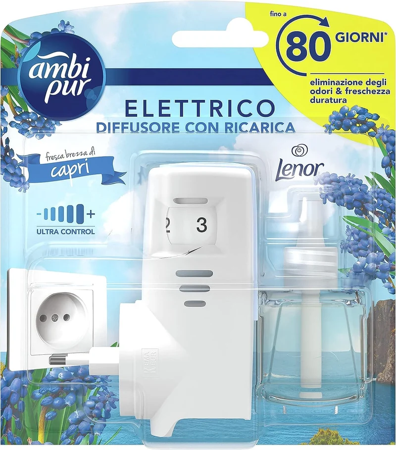 Ambi Pur Profumatore per Ambienti, Diffusore Ambiente e 1 Ricarica, Fragranza Brezza di Capri, Deodorante Ambienti Elimina Odori, Fino a 80 Giorni di Profumo per Ricarica