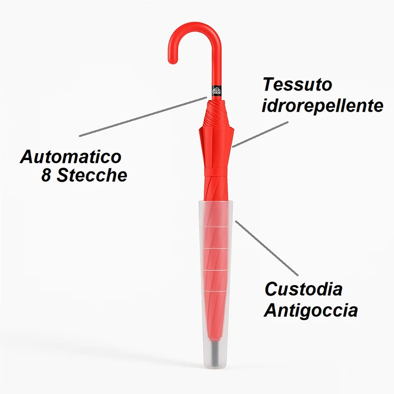 Kit 4 Ombrelli Automatici con Manico Curvo Custodia Antigoccia Colori Assortiti