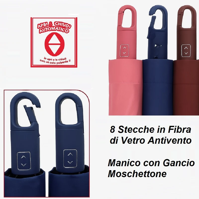 Kit2 Ombrelli Mini Borsetta Apri e Chiudi con Gancio 8 Stecche Antivento Moderno