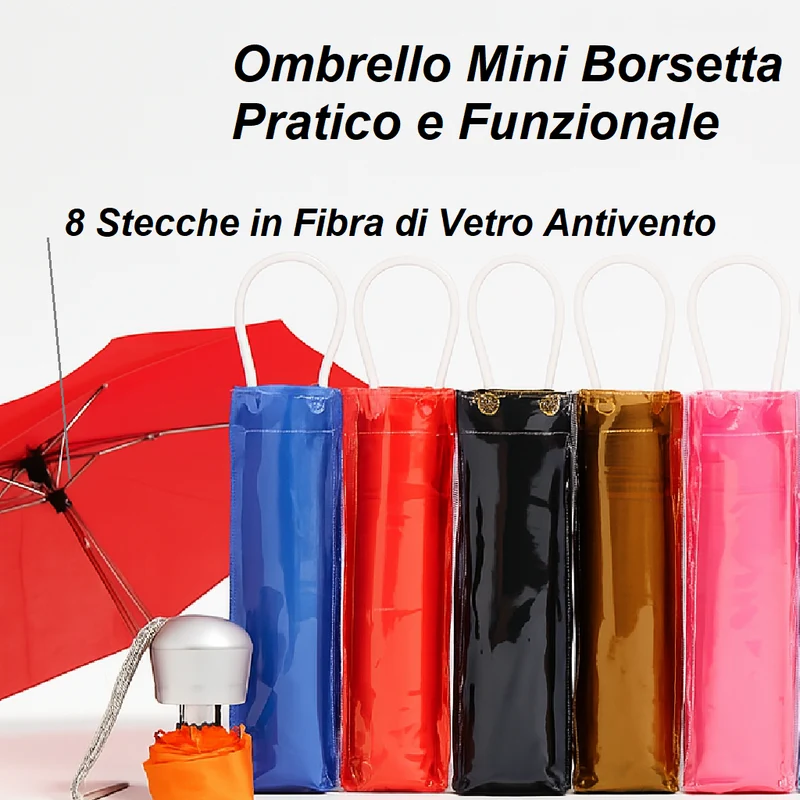 kit 3 Ombrelli Antivento Mini Unisex Salvaspazio 8 Stecche in Fibra con Borsetta