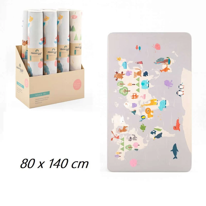 Tappeto Cameretta Bambini 80x140 Grigio Morbido Mondo Animali in Polyestere e Spugna