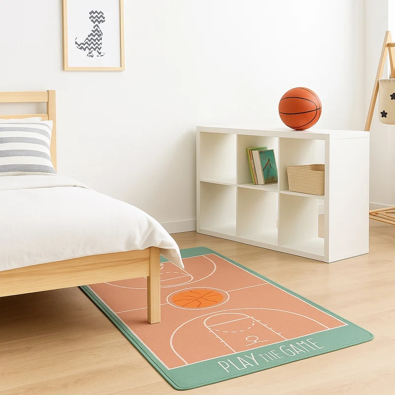 Tappeto Cameretta Bambino 80x140 Verde Morbido Campo da Basket in Polyestere e Spugna