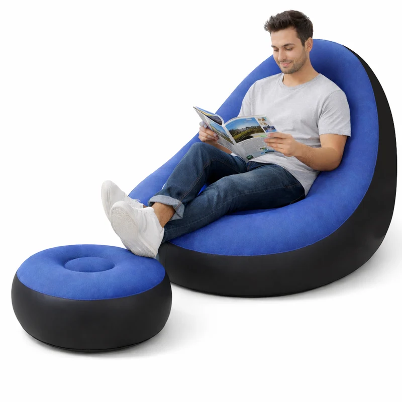 Set Poltrona e Poggiapiedi Gonfiabile Ergonomico Blu da Esterno ed Interno