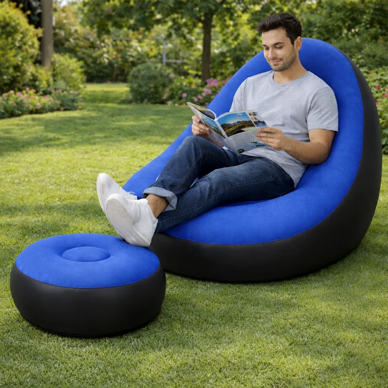 Set Poltrona e Poggiapiedi Gonfiabile Ergonomico Blu da Esterno ed Interno
